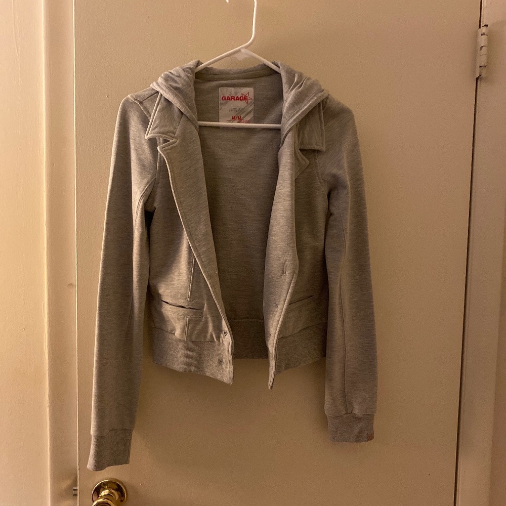 Gray hooded sweatshirt blazer